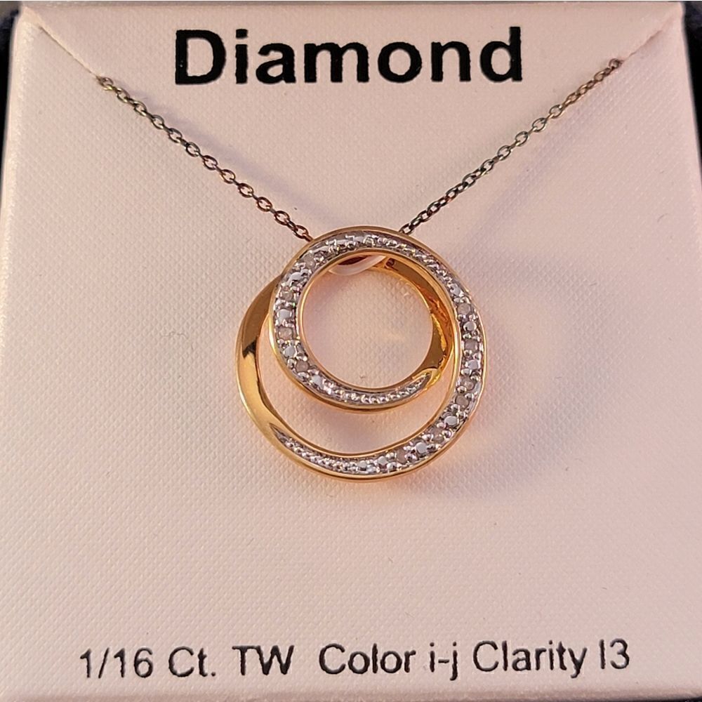 Gold Over Sterling Genuine Diamond Double Circle  Pendant Necklace - New In Box